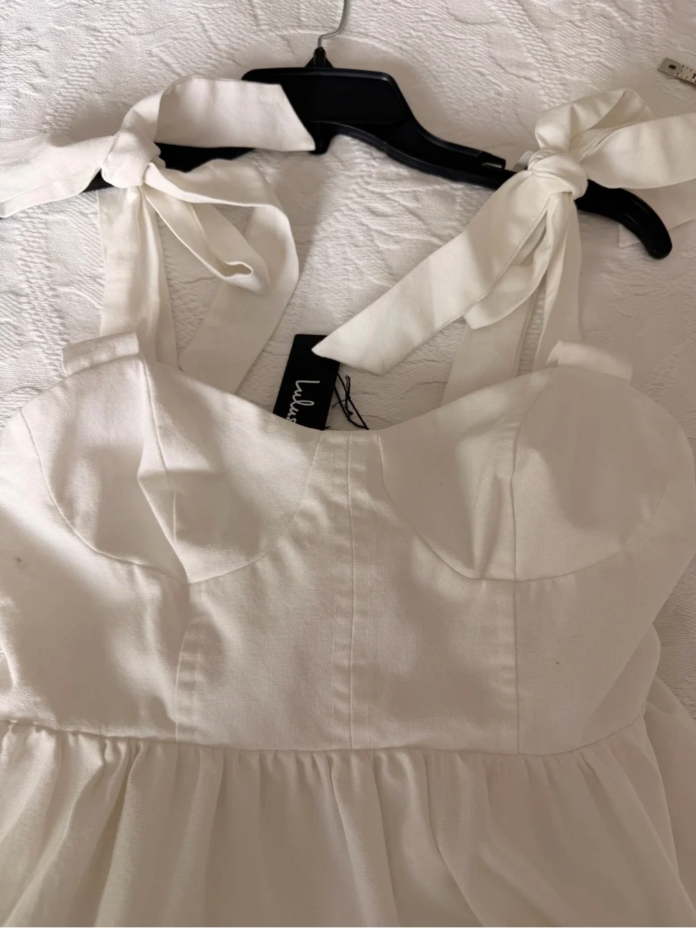 Lulus S  Linen Blend Tie Strap Corset Mini Dress Tiered White Bridal Cottagecore